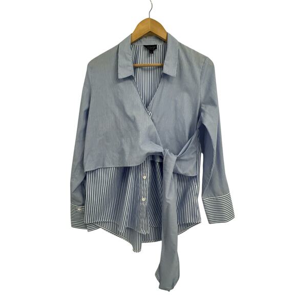 TopShop Blue Pinstripe Long Sleeve Layered Look Toe Front Preppy Shirt Size 6 - Picture 1 of 4